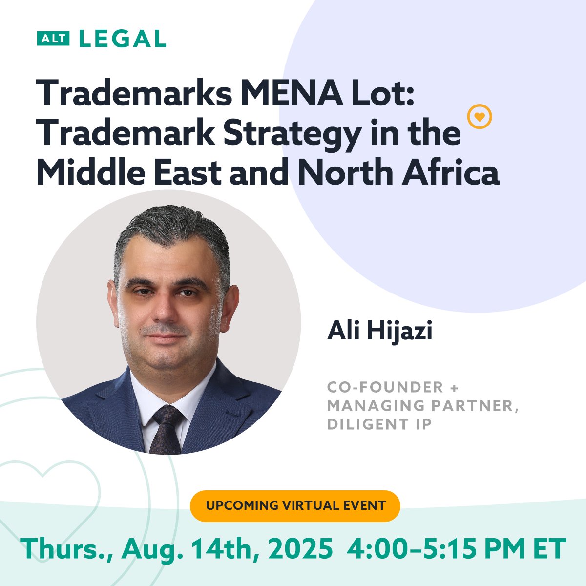 Join Alt Legal for a free webinar (CLE pending) on Aug 14 at 4:00 (ET) where Ali Hijazi will equip you with valuable insights to safeguard your brand’s reputation and maximize its potential in the Middle East and North Africa (MENA) market. hubs.li/Q03w_FRY0