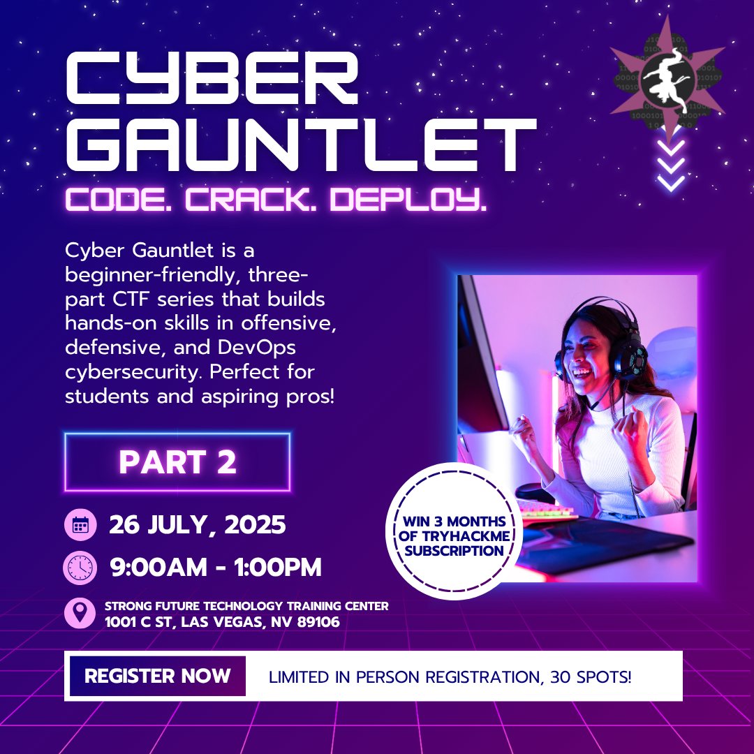 🛡️ Cyber Gauntlet: Part 2 is coming July 26! A beginner-friendly CTF focused on defensive security 🧠💻 🔍 Monitor, respond &amp; harden your environment — no experience needed!

Register: 🔗 linktr.ee/womenscyberjut…

#getcybersmart2025 #CyberjutsuTribe #WomenInTech 👩🏽‍💻