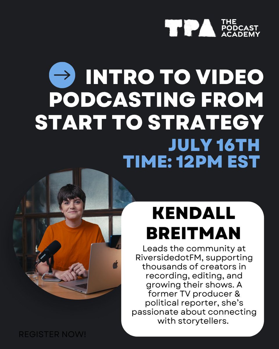podcastacademy's tweet image. Thinking about going video with your podcast?
Learn how to level up your content!
Join @RiversidedotFM’s Kendall Breitman for: Intro to Video #Podcasting: From Start to Strategy
🗓️ July 16 | 🕛 12PM EST
🔗 Register: thepodcastacademy.com/events
#thepodcastacademy @KendallBreitman
