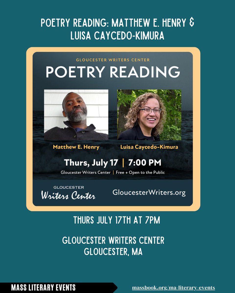 MassBook's tweet image. Events this week! massbook.org/ma-literary-ev…
T-Michael Ansara @Harvard Book Store
W-Dr. Alexandria Russell @ Old North Illuminated
Th-Matthew E. Henry & Luisa Caycedo-Kimura @ Gloucester Writers Center
Su-Joseph Lee @ PEM
Su-Diannely Antigua & Stephanie Burt @ Longfellow House