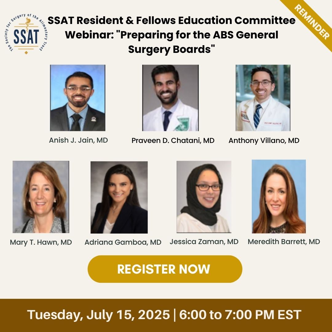 SSATNews's tweet image. Reminder: SSAT webinar tomorrow, Tuesday, July 15, 2025. The session, hosted by the Resident & Fellows Education Committee, will focus on preparing for the ABS General Surgery Boards with practical tips & expert guidance. Register Now: ssat.com/webinar #SSAT