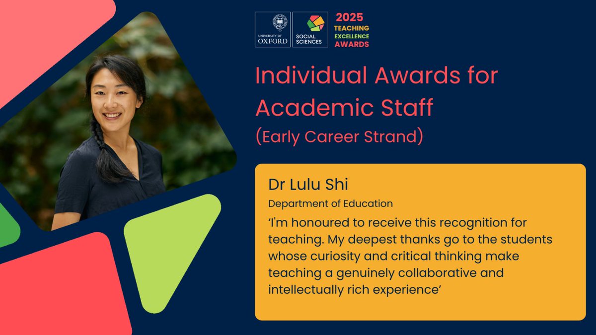 OxfordSocialSciences (@oxsocsci) on Twitter photo 👏Congratulations to <a href="/LuluPShi/">Lulu</a> <a href="/OxfordDeptofEd/">Department of Education, University of Oxford</a> for her recognition of #TeachingExcellence
Dr Shi's approach integrates theories with practical activities including:
-guest speakers from diverse backgrounds
-student engagement with real-world technologies
socsci.ox.ac.uk/article/winner… 👏Congratulations to <a href="/LuluPShi/">Lulu</a> <a href="/OxfordDeptofEd/">Department of Education, University of Oxford</a> for her recognition of #TeachingExcellence
Dr Shi's approach integrates theories with practical activities including:
-guest speakers from diverse backgrounds
-student engagement with real-world technologies
socsci.ox.ac.uk/article/winner…