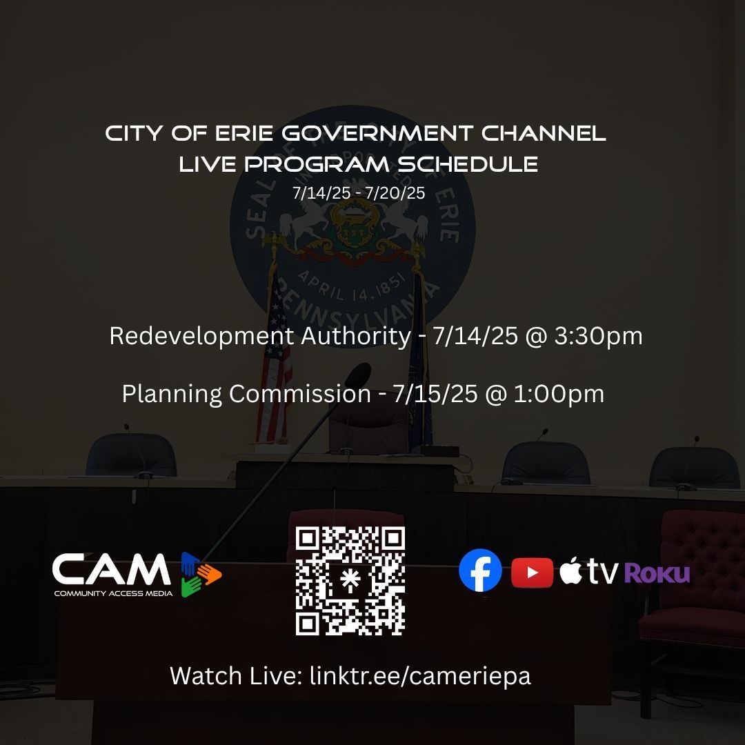 CAMEriePA's tweet image. Our weekly live programming lineup for the week of 7.14.25 to 7.20.25.  Explore our full schedule at camerie.org/vod. Catch the live broadcasts on Roku or Apple TV by installing our CAMEriePA app. #CAMERIEPA #LIVEPROGRAMMING #CITYOFERIE