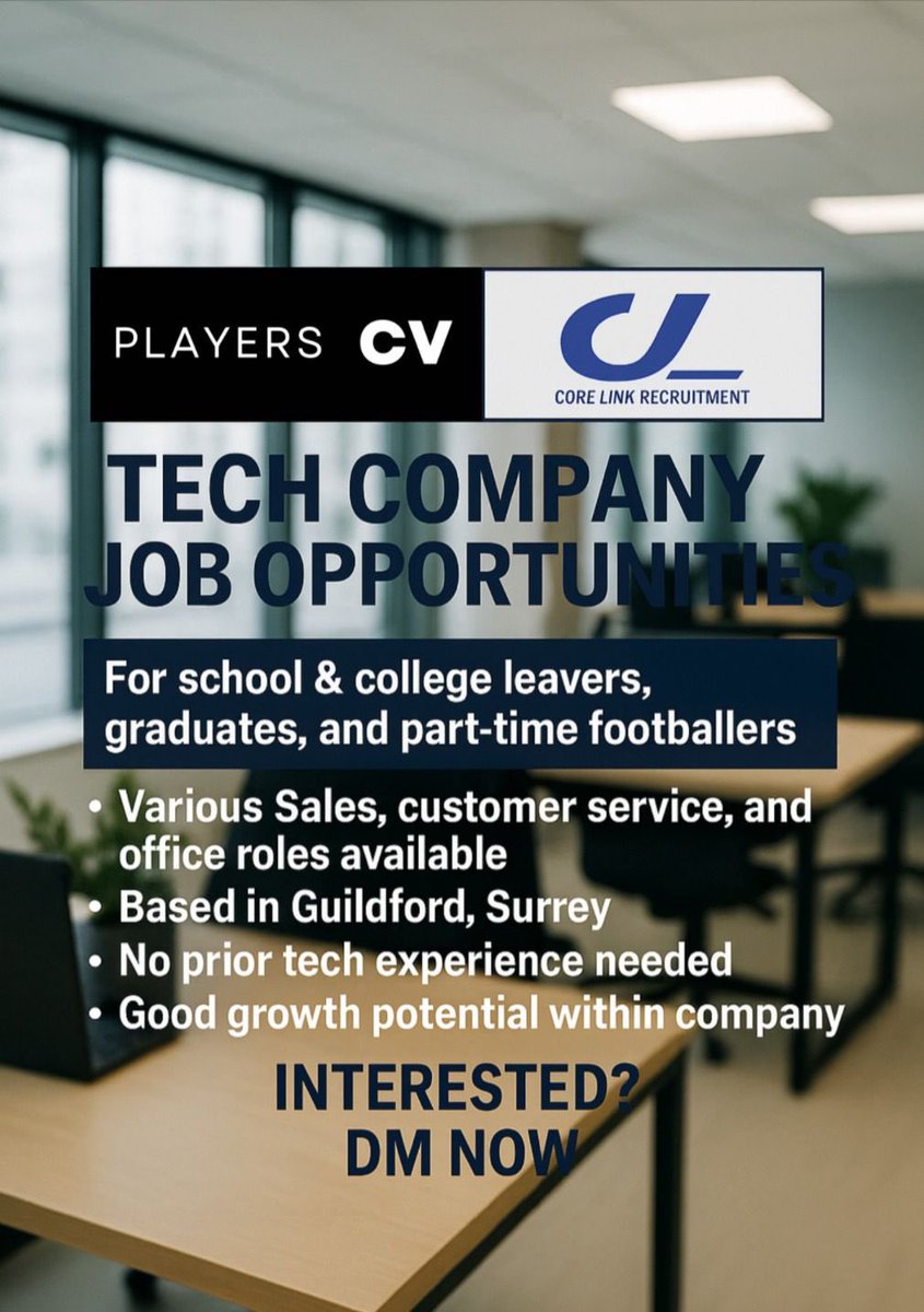 🚨Job Opportunity’s 
 
Players CV has officially partnered with Core Link Recruitment 🧳⚽️

We are helping young professionals and part-time footballers secure full-time roles in Surrey from tech sales to creative roles! 

Interested DM now  ✅