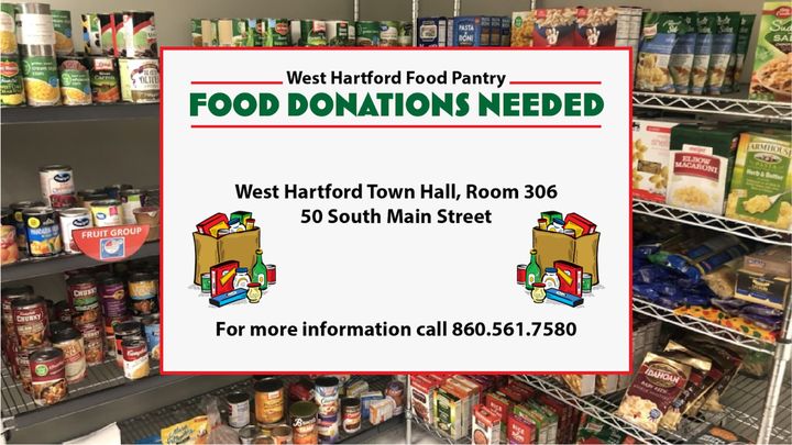 Food Pantry Donations Needed - donations can be dropped off Mon-Fri from 8:30am-4:30pm in the lobby of Town Hall. View the following for more information such as most needed items:

westhartfordct.gov/town-departmen…