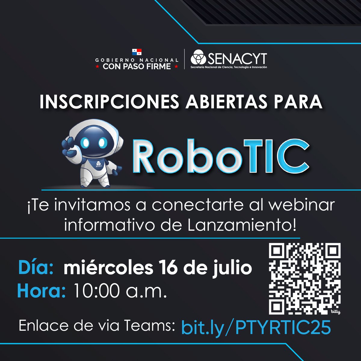 Senacyt Panamá (@senacyt) on Twitter photo La <a href="/senacyt/">Senacyt Panamá</a> invita a docentes, estudiantes y público en general al Webinar Informativo de RoboTIC 2025.
Enlace de Teams: bit.ly/PTYRTIC25 La <a href="/senacyt/">Senacyt Panamá</a> invita a docentes, estudiantes y público en general al Webinar Informativo de RoboTIC 2025.
Enlace de Teams: bit.ly/PTYRTIC25