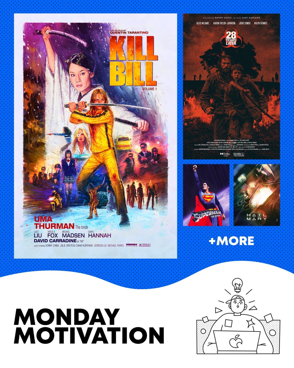 😍 Your Monday Motivation is here! 😍 

Kill Bill by <a href="/Ignacio__RC/">Ignacio</a>, 28 Years Later by Alex G, Superman by <a href="/favitron/">Favitron | Dave JFM</a>, Project Hail Mary by <a href="/Johndunn_art/">John Dunn</a>

Also in this week's selection are posters for The Dark Knight, Interstellar, Fantastic Four, F1, and More: