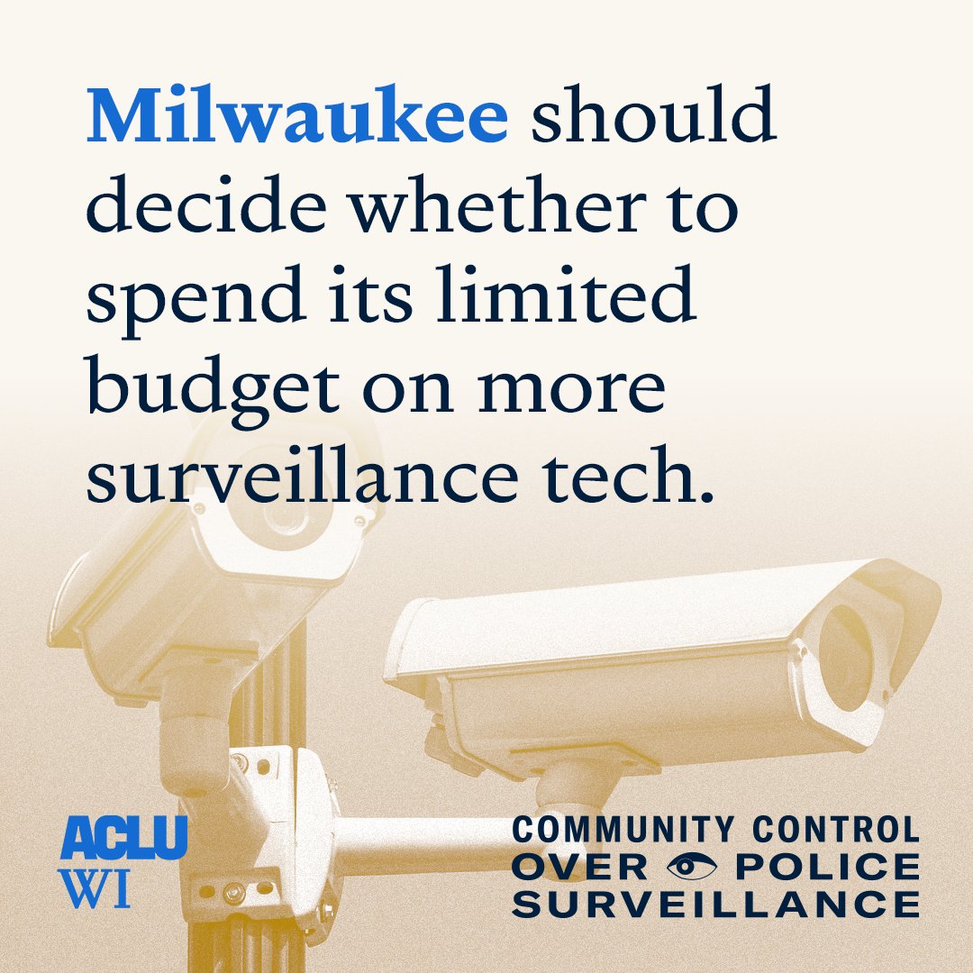 ACLUofWisconsin's tweet image. Surveillance technology is expanding in Milwaukee — without transparency, oversight, or public accountability.
Help us protect our privacy from the police. Get involved at ACLU-WI.org/CCOPS.