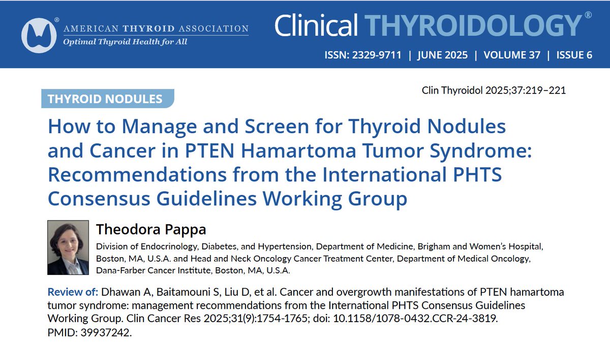 clinicalthyroid's tweet image. Read now, Dr. Pappas reviews new recommendations pub’d in @CCR_AACR on care of patients w/ #PTEN hamartoma syndrome.
ow.ly/fTwy50WoNlR
#thyroidnodules #thyroidcancer #medtwitter #thyroid #endotwitter