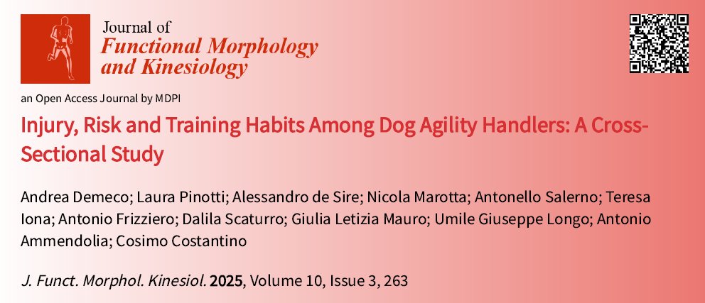 🆕📑Our newest article: "Injury, Risk and Training Habits Among Dog Agility Handlers: A Cross-Sectional Study"

🐕Demeco et al. assess injury epidemiology of handlers practicing dog agility. 

🔗Read more at: brnw.ch/21wU88d

#DogAgility #Injury #OpenAccess #MDPI