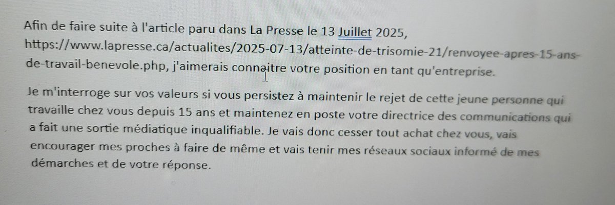metivier_marc's tweet image. *MONTÉE DE LAIT, SUITE*
Suite à l'article paru dans LaPresse hier concernant une jeune trisomique renvoyée après 15 ans de travail bénévole chez Renaud-Bray, je leur ai fait parvenir le message ci-dessous. Vous pouvez faire de même sur leur site.