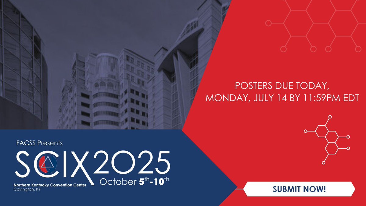 TIME’S UP! The deadline to submit a POSTER ABSTRACT is TODAY by 11:59pm EDT. Do not miss out on the Great SCIentific eXchange! 🕚 Head to scixconference.org/abstracts to submit!

#SciX2025 #FACSS 🔬