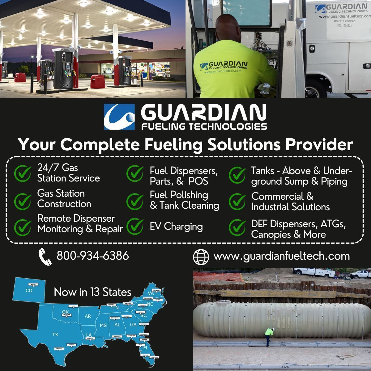 Gilbarco dispensers, POS, tanks, 24/7 service, construction, parts, and more—Guardian Fueling Technologies powers your business with expert solutions. Let’s talk about your next project and give Guardian a try! buff.ly/3P8Kb9e