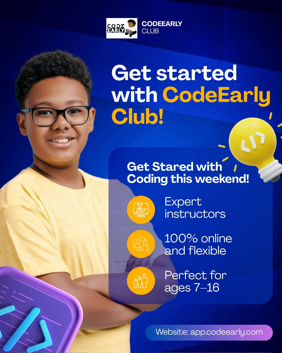 code_early's tweet image. Your child's coding journey starts this weekend, At CodeEarly Club, we make tech fun, simple, and exciting for ages 7–16.
✅ Expert Instructors
✅ 100% Online & Flexible
✅ Weekend-friendly programs
✅ Learn real coding skills
Sign up now at app.codeearly.com