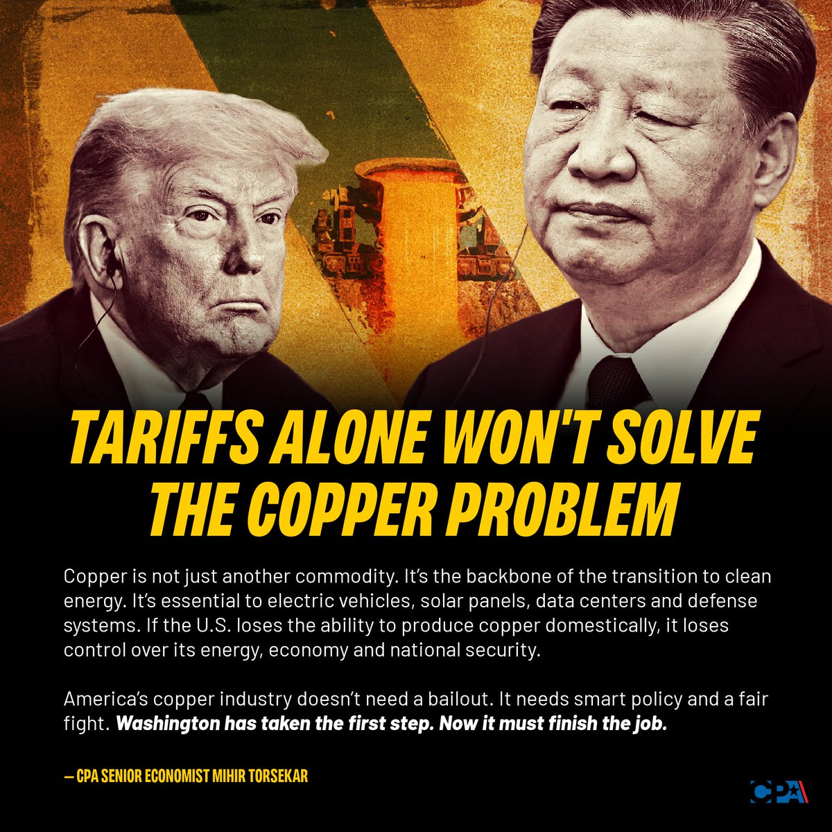 cpa_tradereform's tweet image. America's copper industry is in crisis — & Washington is finally taking notice.
With @POTUS' announcement of 50% tariffs on copper imports, the U.S. has correctly identified it as a material of strategic national importance.
But it's only a first step.
bit.ly/4nHzRoF