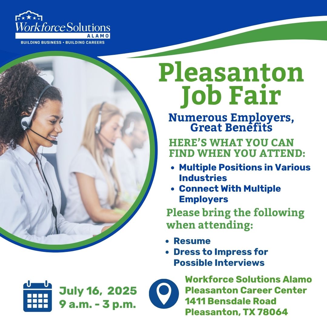 Meet employers ready to hire at the Pleasanton Job Fair!

📅 Wed, July 16, 2025
🕘 9 AM – 3 PM
📍 Workforce Solutions Alamo Pleasanton Career Center
1411 Bensdale Road Pleasanton, TX 78064

Register: eventbrite.com/e/pleasanton-j…
#WorkforceWednesday #JobFair #CareerFair