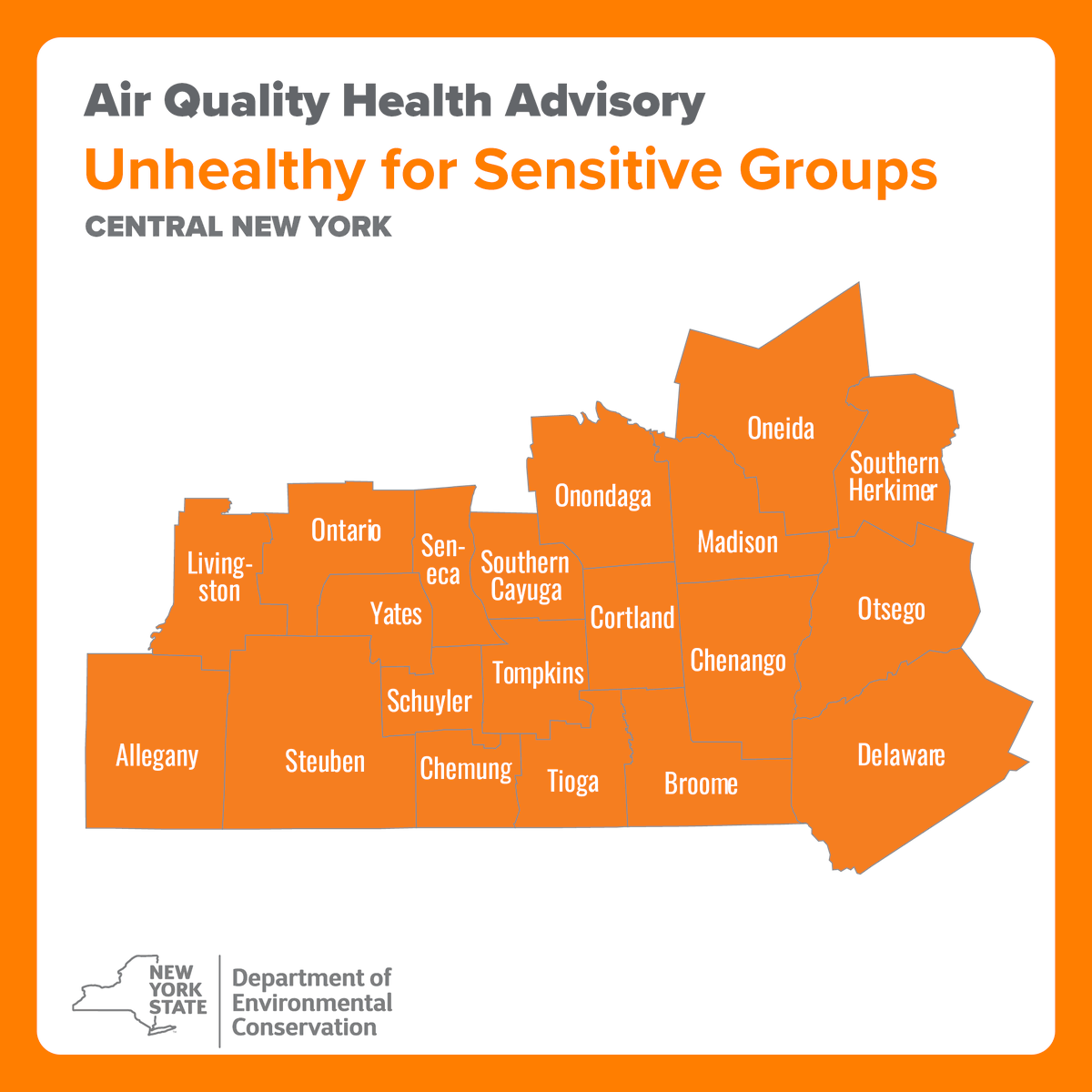 NYSDEC's tweet image. DEC and @HealthNYGov have issued an air quality health advisory for smoke-enhanced fine particles today, July 14th, for Central NY, Eastern Lake Ontario, and Western NY regions.
👉 Latest AQI forecast: extapps.dec.ny.gov/cfmx/extapps/a…
☎️ Air Quality Hotline: 1-800-535-1345