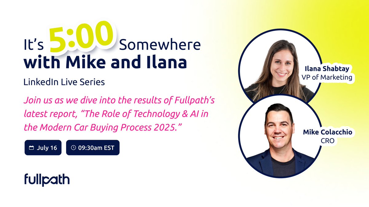Everyone's talking about AI, but is it really being used as much as it seems?

Join Ilana and Mike tomorrow for another episode of “It’s 5:00 Somewhere,” as they explore how much car buyers are actually using AI and other tech in their purchasing journey.

Live on LinkedIn //
