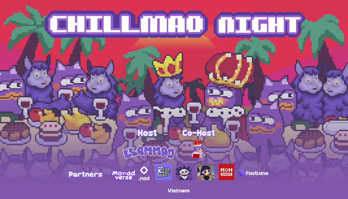 llamao (@llamao_) on Twitter photo In a space moving fast, we choose to slow down.
Llamao invites you to CHILLMAO NIGHT - a space for stillness, connection, and joy with fellow Web3 wanderers 🌌
First IRL meetup in Hanoi, Vietnam 🇻🇳
Co-hosted by <a href="/moyaking_xyz/">Moyaking 👑</a>, with support from <a href="/monadverse/">Monadverse ⨀</a>, <a href="/chogstarrr/">lil chogstars ⨀</a>, In a space moving fast, we choose to slow down.
Llamao invites you to CHILLMAO NIGHT - a space for stillness, connection, and joy with fellow Web3 wanderers 🌌
First IRL meetup in Hanoi, Vietnam 🇻🇳
Co-hosted by <a href="/moyaking_xyz/">Moyaking 👑</a>, with support from <a href="/monadverse/">Monadverse ⨀</a>, <a href="/chogstarrr/">lil chogstars ⨀</a>,