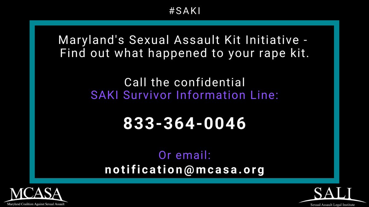 MCASAorg's tweet image. If you had a sexual assault forensic exam and would like to receive updates about the testing of your kit, you can contact a #SAKI Advocate at MCASA by calling the confidential SAKI information line at 833-364-0046 or by emailing notification@mcasa.org.