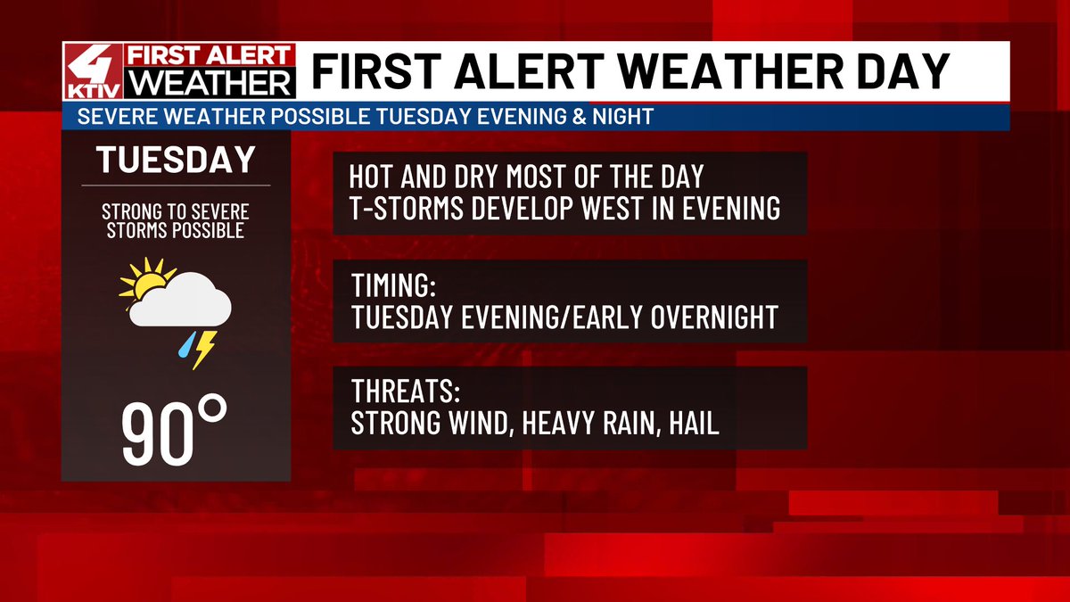 owenbasselmanwx's tweet image. TUESDAY: A line of storms will move into western Siouxland around sunset. It could contain strong wind gusts, heavy rain and hail.
The line will weaken as it moves east; the severe weather threat is lower in northwest Iowa. #IAwx #NEwx #SDwx