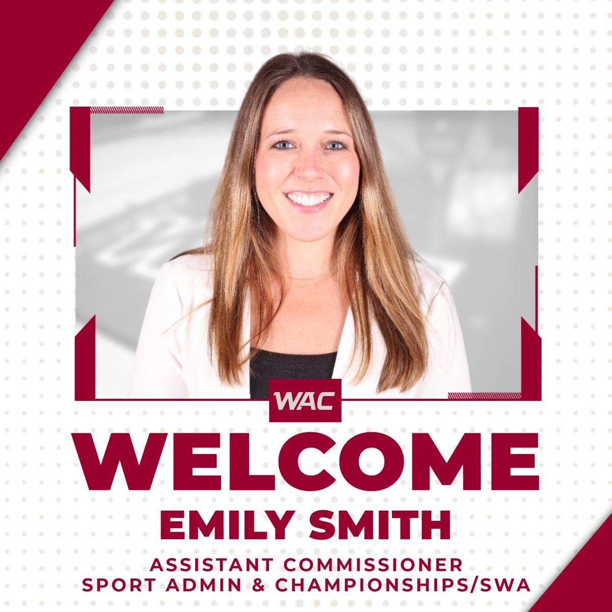 We are excited to welcome Emily Smith to the team as she will serve as the conference's Assistant Commissioner, Sport Administration and Championships, as well as the Senior Woman Administrator (SWA)!

#OneWAC