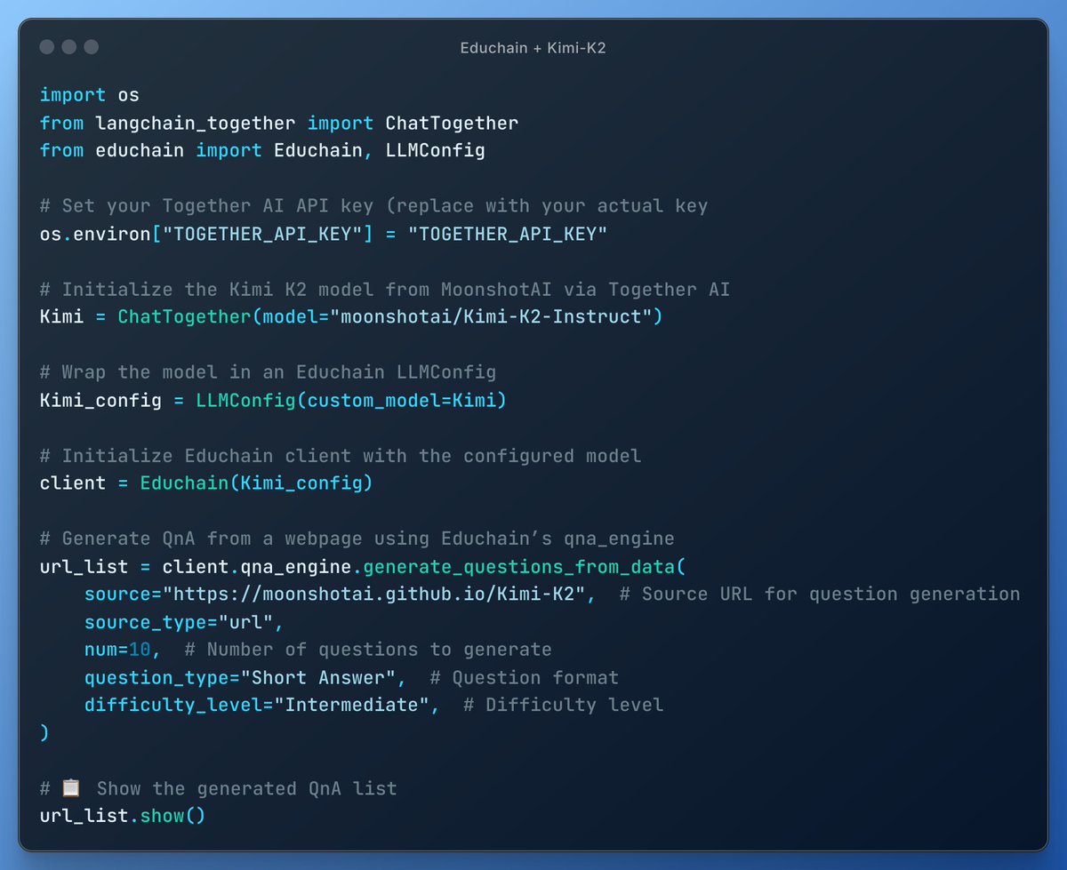 Build Fast with AI (@buildfastwithai) on Twitter photo Instantly Generate Short Answer From Any Webpage Using <a href="/Kimi_Moonshot/">Kimi.ai</a> K2 + <a href="/EduchainWithAI/">Educhain AI</a> via <a href="/togethercompute/">Together AI</a> !
- Designed for anyone creating educational content with AI.
- Just drop a URL β Educhain does the rest
π git.new/educhain
β Star the repo if you find it Instantly Generate Short Answer From Any Webpage Using <a href="/Kimi_Moonshot/">Kimi.ai</a> K2 + <a href="/EduchainWithAI/">Educhain AI</a> via <a href="/togethercompute/">Together AI</a> !
- Designed for anyone creating educational content with AI.
- Just drop a URL β Educhain does the rest
π git.new/educhain
β Star the repo if you find it
