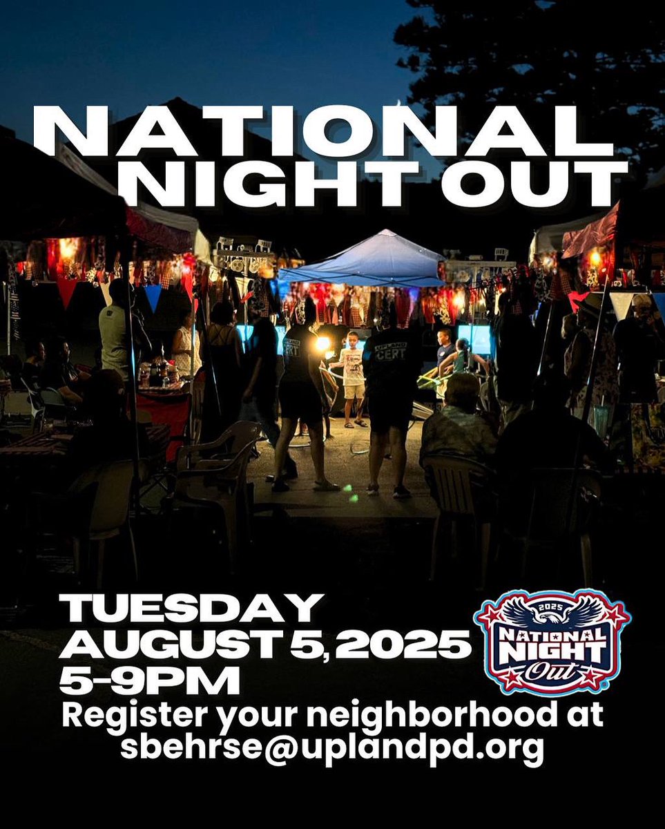 UplandPD's tweet image. Let's get together for National Night Out on Tuesday, August 5th from 5-9pm! If you are planning to gather with your neighbors, we would love to stop by! 👋
Please email our Community Outreach Specialist at sbehrse@uplandpd.org by July 18th to register. We look forward to seeing…