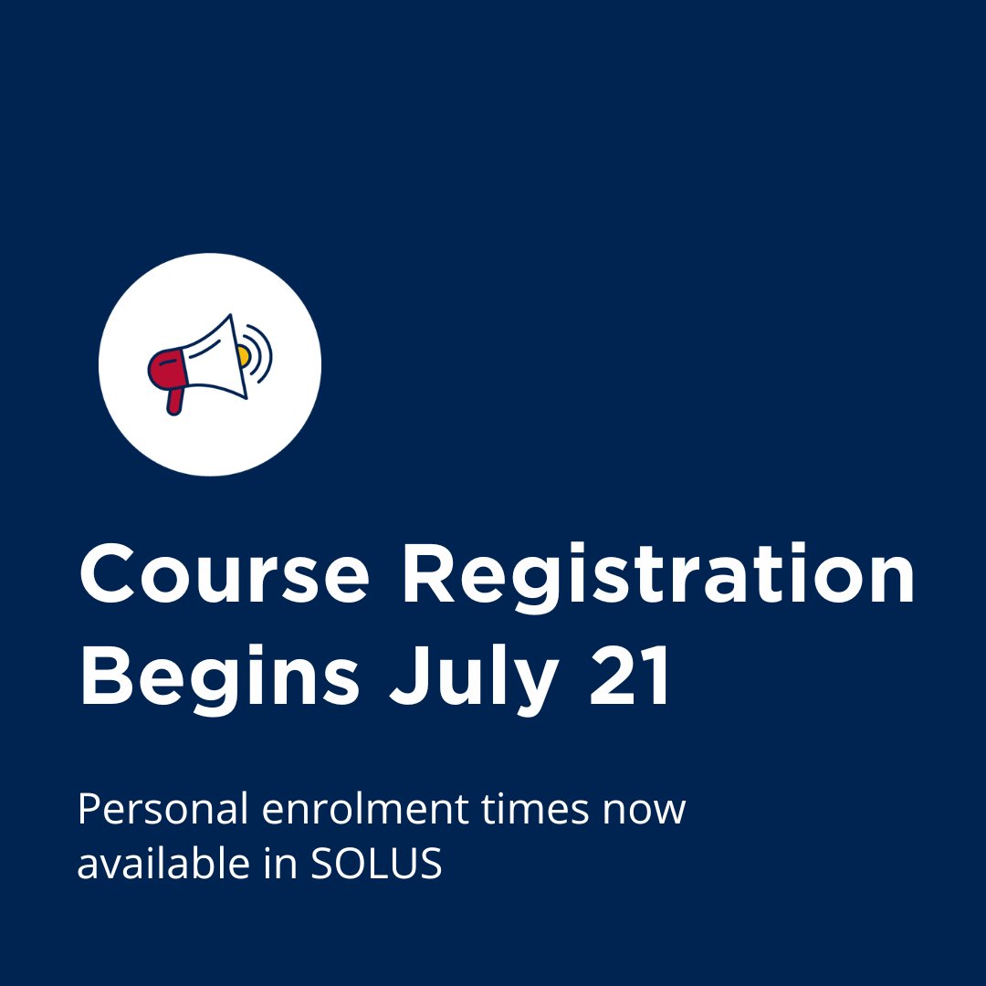 It's time to prepare! Your personal enrolment appointment time is now available in SOLUS. Course registration begins July 21, so it's important to start preparing to ensure a smooth registration process. Check out the helpful information on our website bit.ly/4ncWEIV