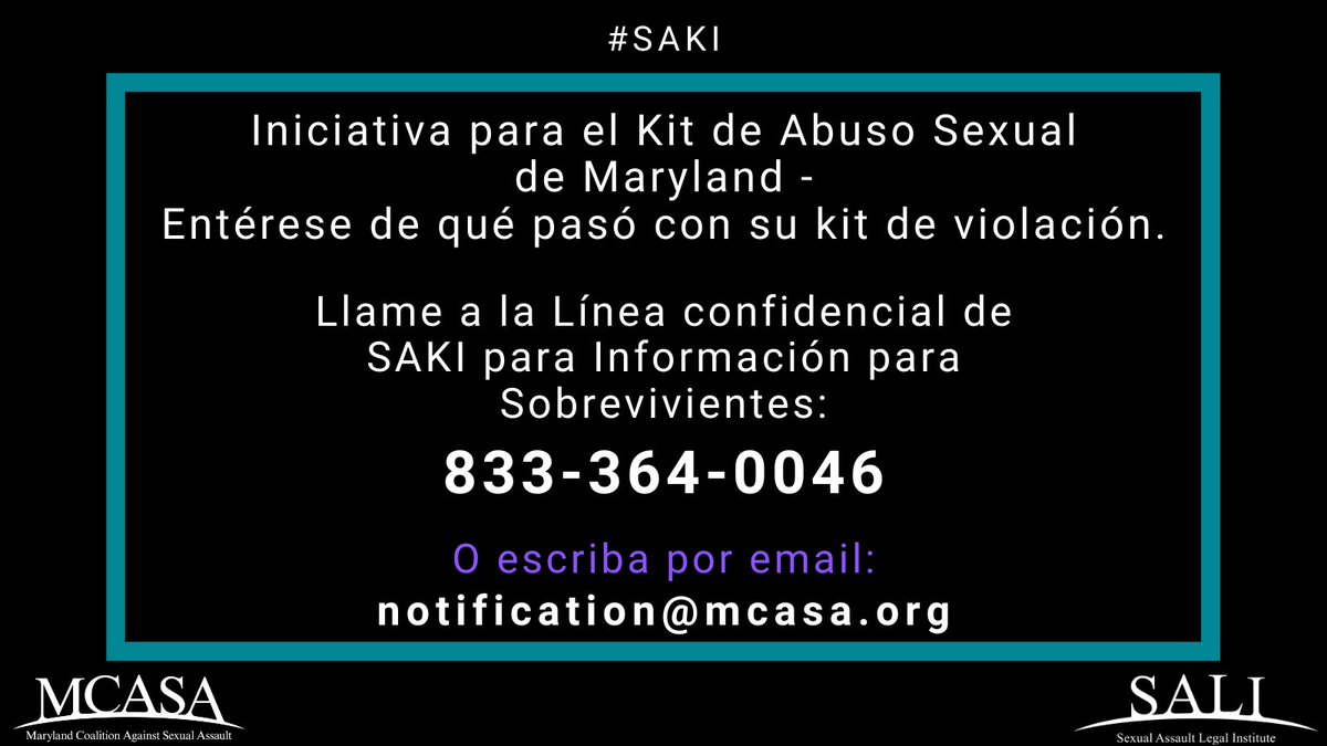 MCASAorg's tweet image. Si usted completó un examen forense de abuso sexual y le gustaría recibir actualizaciones sobre las pruebas de su kit, puede comunicarse SAKI llamando a la línea de información confidencial a 833-364-0046 o por correo electrónico a notification@mcasa.org