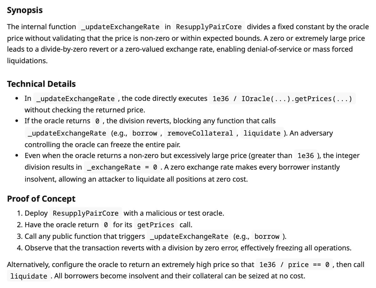 banteg (@bantg) on Twitter photo an ai auditor found a bug from resupply exploit
the protocol was audited by two major audit firms, both of which have missed the issue. i was following this ai auditing endeavor called <a href="/savantchat/">Savant.chat</a> so i was interested if it would catch the root cause.
it correctly identified the an ai auditor found a bug from resupply exploit
the protocol was audited by two major audit firms, both of which have missed the issue. i was following this ai auditing endeavor called <a href="/savantchat/">Savant.chat</a> so i was interested if it would catch the root cause.
it correctly identified the