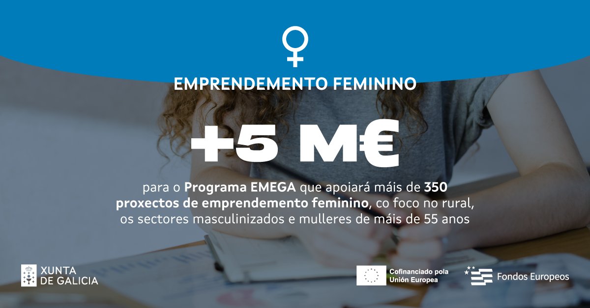 Fondos Europeos en Galicia (@fondosuegalicia) on Twitter photo 👆 Hoxe abre o prazo da nova convocatoria do programa EMEGA para o fomento do emprendemento feminino, ata 42.000€ por proxecto
🟣 <a href="/igualdadegal/">Igualdade en Galicia</a> e #FondosEuropeos apoiaron grazas e este programa máis de 2.000 proxectos e favoreceron a creación de máis de 4.000 postos de traballo 👆 Hoxe abre o prazo da nova convocatoria do programa EMEGA para o fomento do emprendemento feminino, ata 42.000€ por proxecto
🟣 <a href="/igualdadegal/">Igualdade en Galicia</a> e #FondosEuropeos apoiaron grazas e este programa máis de 2.000 proxectos e favoreceron a creación de máis de 4.000 postos de traballo