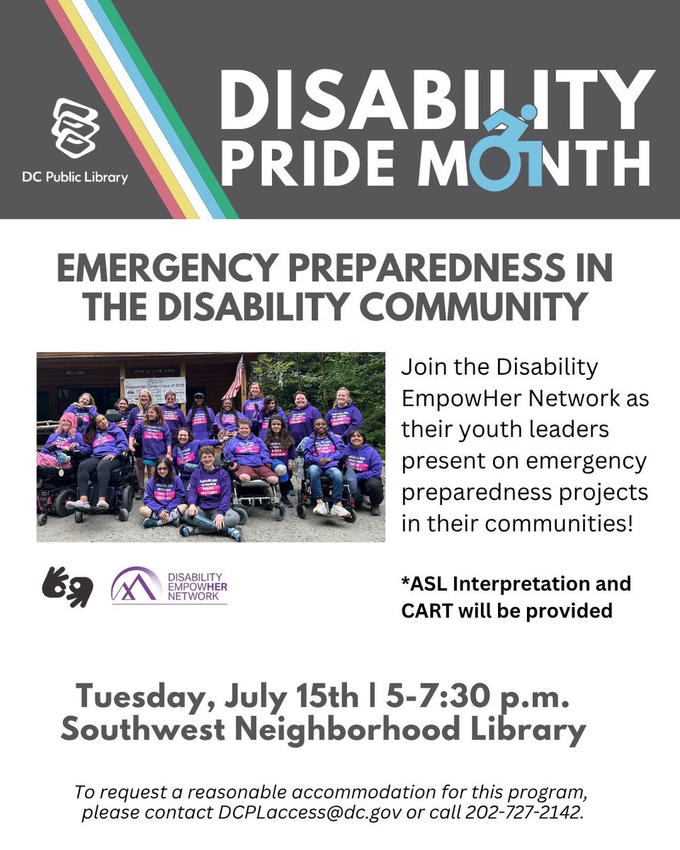 🚨 Emergency Preparedness in the Disability Community

📅 Tuesday, July 15 | 🕔 5:00pm
📍 Southwest Library

Join the Disability EmpowHer Network and their youth leaders as they share how they’ve led emergency preparedness projects in their communities! bit.ly/4lfa1qw