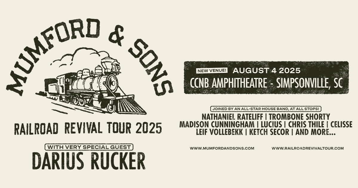 CCNB Amphitheatre at Heritage Park (@ccnbamp) on Twitter photo .@DariusRucker to join <a href="/MumfordAndSons/">Mumford & Sons</a> & Friends as special guest on the Railroad Revival Tour stop on 8/4. The Piedmont Interstate Fairgrounds show has moved to <a href="/CCNBAmp/">CCNB Amphitheatre at Heritage Park</a> #Simpsonville on 8/4. Previously purch tix valid for new venue. 🎟️: bit.ly/MumfordSVL2025 .@DariusRucker to join <a href="/MumfordAndSons/">Mumford & Sons</a> & Friends as special guest on the Railroad Revival Tour stop on 8/4. The Piedmont Interstate Fairgrounds show has moved to <a href="/CCNBAmp/">CCNB Amphitheatre at Heritage Park</a> #Simpsonville on 8/4. Previously purch tix valid for new venue. 🎟️: bit.ly/MumfordSVL2025