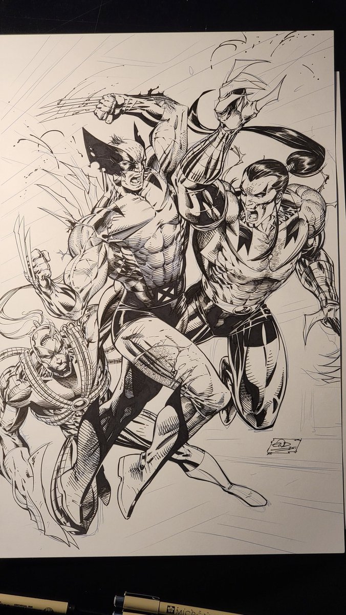 ericninaltowski's tweet image. Final inks on the figures done! My favorite claw bearing heroes right der!
Not sure about the background yet... thinking some Danger Room? Or dark clouds?
#dangerroom #xmen #wolverine #warblade #ripclaw #image #marvel #claws