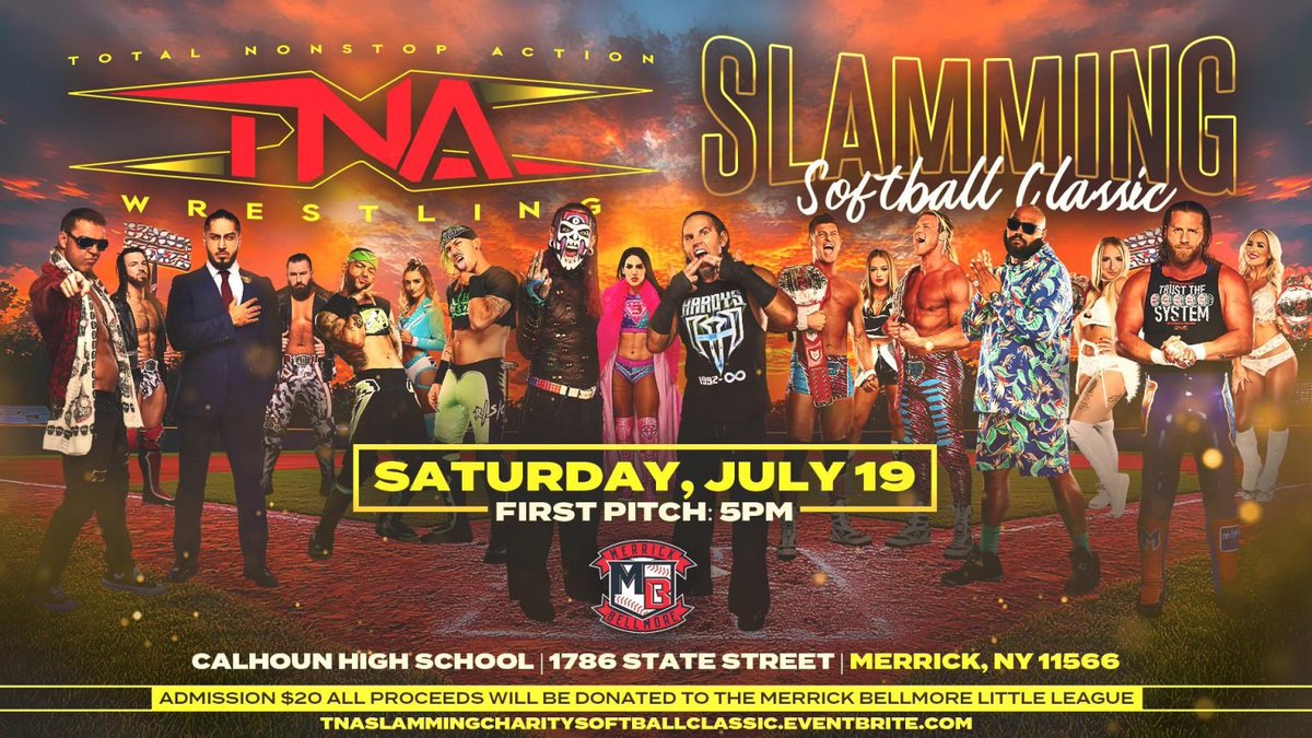 TNA Wrestling (@thisistna) on Twitter photo The stars of TNA Wrestling step up to the plate for the first-ever TNA SLAMMing Softball Classic—a special 7-inning game benefiting the Merrick Bellmore Little League!
TNA’s top talent will take on the Coaching Staff of the Merrick Bellmore Little League Association on Saturday, The stars of TNA Wrestling step up to the plate for the first-ever TNA SLAMMing Softball Classic—a special 7-inning game benefiting the Merrick Bellmore Little League!
TNA’s top talent will take on the Coaching Staff of the Merrick Bellmore Little League Association on Saturday,