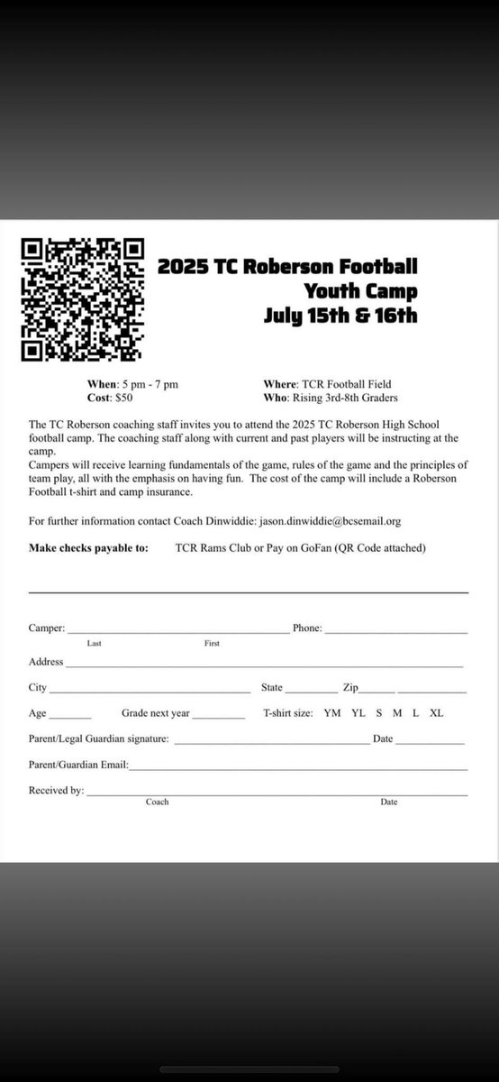 T.C. Roberson Rams Football (@tcrramsfb) on Twitter photo Get signed up today!! We look forward to seeing you at camp tomorrow! Go Rams!!
<a href="/AthleticsTcr/">T.C. Roberson Athletics</a> Get signed up today!! We look forward to seeing you at camp tomorrow! Go Rams!!
<a href="/AthleticsTcr/">T.C. Roberson Athletics</a>