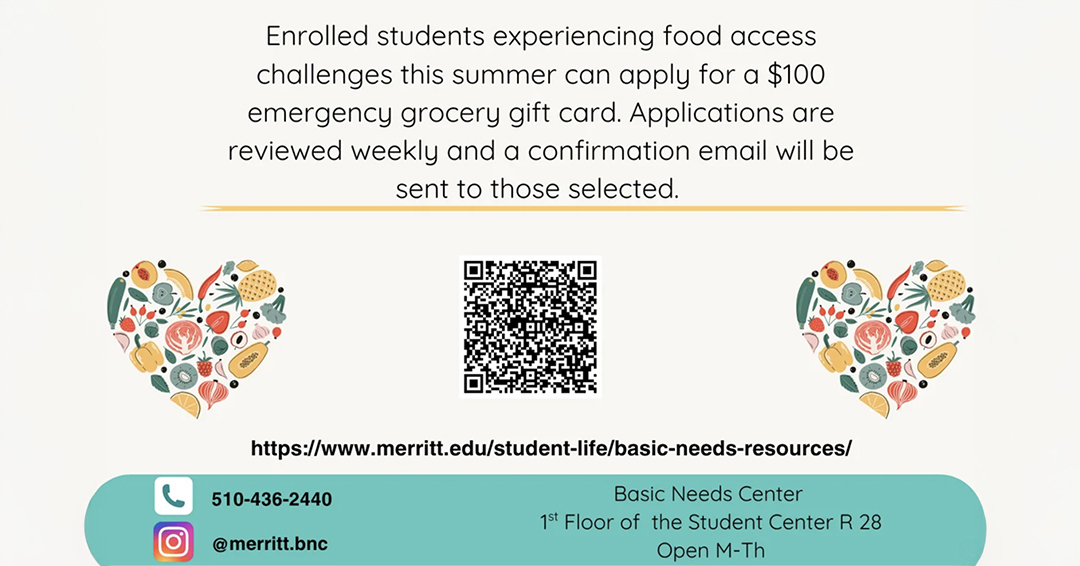 PeraltaColleges's tweet image. 🍏 Emergency Food Grants Available Now!
@MerrittCollege students can apply for grocery gift cards through the #BasicNeeds Center.
📲 Apply online: Merritt College Basic Needs
bit.ly/4nL1Sf5
OR follow @merritt.bnc on Instagram.