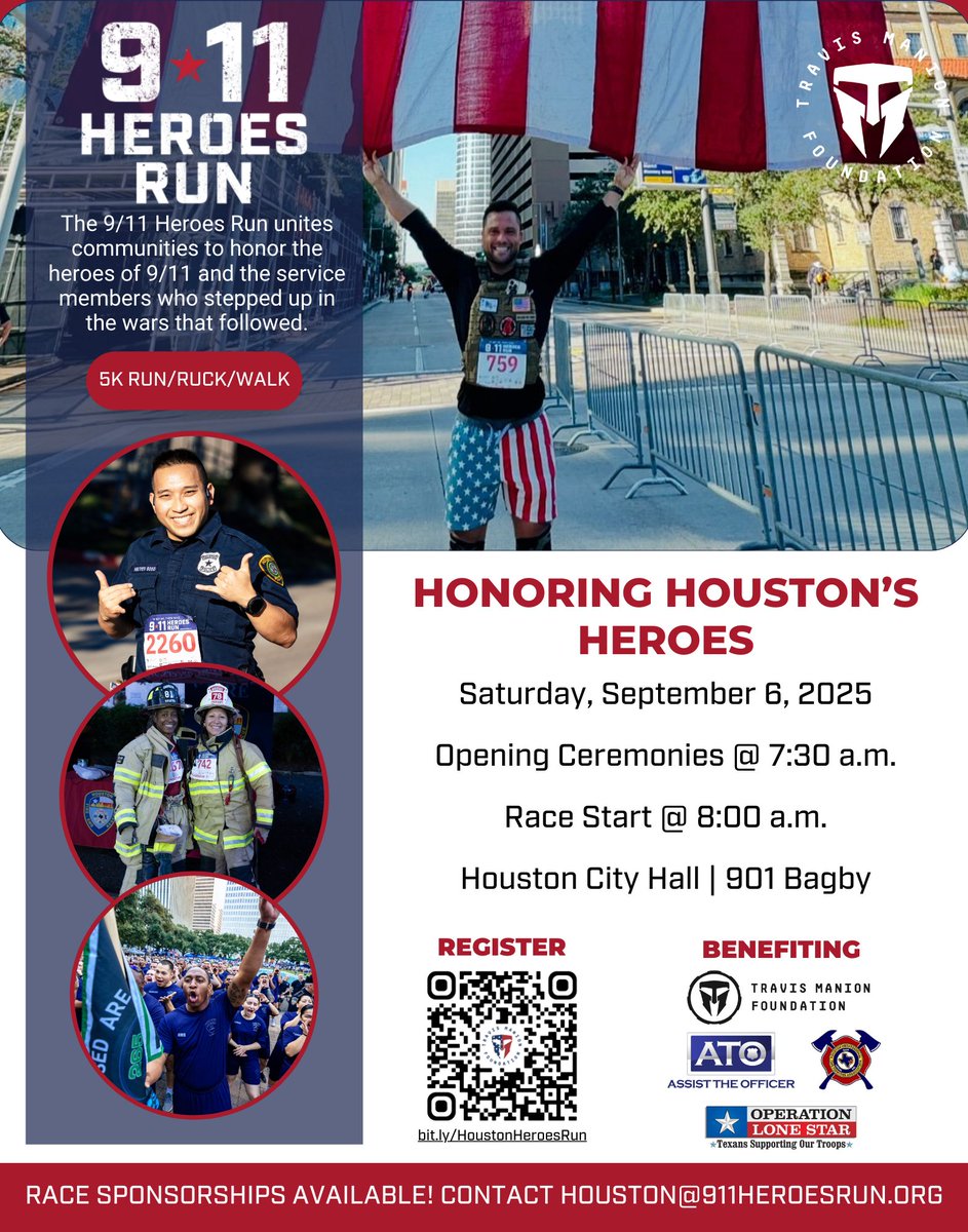 FirefightersHOU's tweet image. The Travis Manion Foundation 9/11 Heroes Run returns to downtown Houston on September 6. We hope you'll join us to honor the courage, sacrifice, and service of the 9/11 heroes & all who answered the call in the years that followed. Use the QR Code in the image below to register.