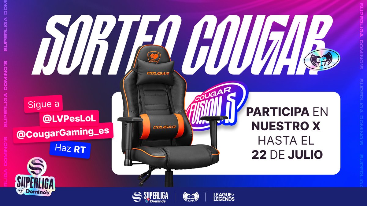 Superliga Domino's - League of Legends (@lvpeslol) on Twitter photo ¡La #SuperligaDominos vuelve con un SORTEAZO! Puedes llevarte una espectacular silla Cougar Fusion S 🤩
Para participar:
✅Seguir a <a href="/LVPesLoL/">Superliga Domino's - League of Legends</a>
✅Seguir a <a href="/CougarGaming_es/">COUGAR Gaming España</a>
🔁Haz RT a la publicación
¡Tienes tiempo hasta el 22 de julio! 🗓️
🗞️BBLL: lvp.global/concursos/base… ¡La #SuperligaDominos vuelve con un SORTEAZO! Puedes llevarte una espectacular silla Cougar Fusion S 🤩
Para participar:
✅Seguir a <a href="/LVPesLoL/">Superliga Domino's - League of Legends</a>
✅Seguir a <a href="/CougarGaming_es/">COUGAR Gaming España</a>
🔁Haz RT a la publicación
¡Tienes tiempo hasta el 22 de julio! 🗓️
🗞️BBLL: lvp.global/concursos/base…