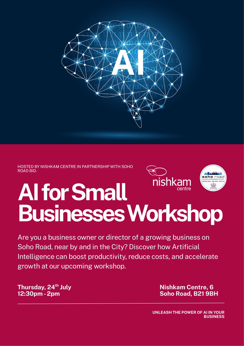 📢 Business owners - want to boost sales, save hours, and cut costs?

Join our FREE AI Workshop and learn how small changes can drive BIG results.

📅 24 July | 🕧 12:30–2pm
 📍 Nishkam Centre, Soho Road
#SmallBusiness #BusinessGrowth #DigitalTools #Birmingham #SohoRoad