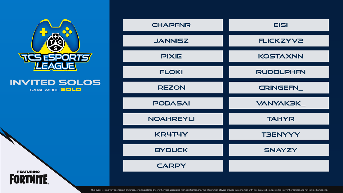 tcs_esports's tweet image. Today 5.000 TCS eSports League ft. Fortnite - Solos!
One more invite spot open.
Who wants to play?
18:30 CEST first round
twitch .tv/tcsesportsleague