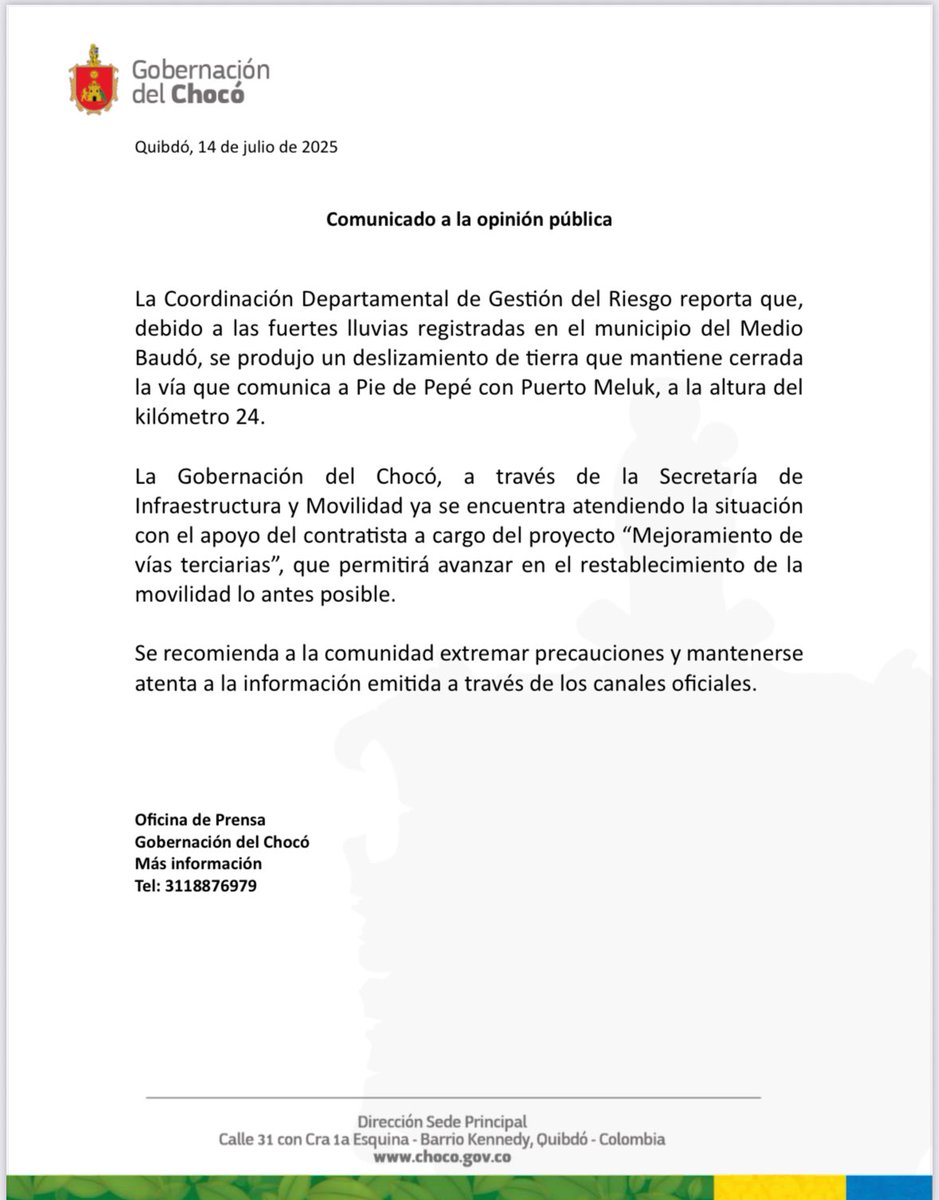 La Coordinación Departamental de Gestión del Riesgo reporta que, debido a las fuertes lluvias registradas en el municipio del Medio Baudó, se produjo un deslizamiento de tierra que mantiene cerrada la vía que comunica a Pie de Pepé con Puerto Meluk a la altura del kilómetro 24 👇🏾