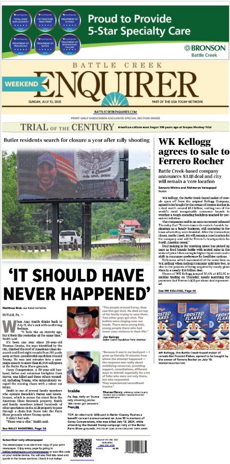 MichMediaWatch's tweet image. Update: @Gannett's @bcenquirer acknowledges sale of hometown @KelloggsUS on Sunday, with 13-graf @Reuters story. News broke Wednesday; was official Thursday. Paper lists 2 staff members (sports and visual journalists).