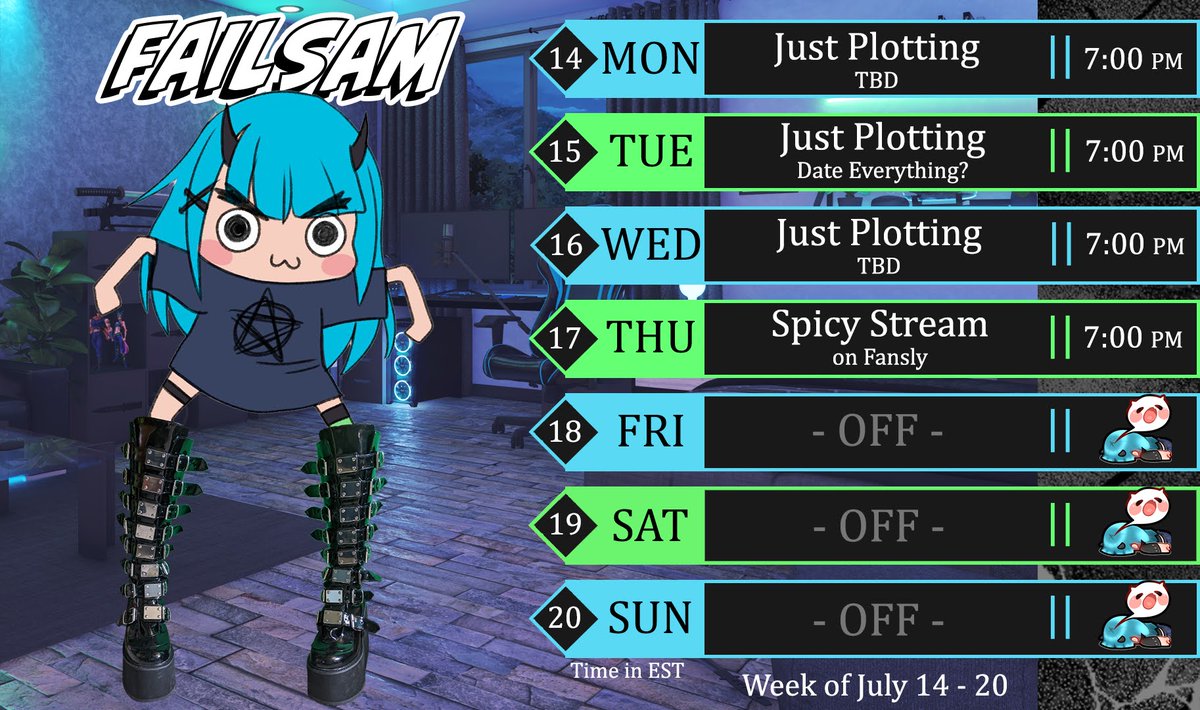 Missed you guys this week!! Excited for more stream! (But also another adventure weekend!)

🔪SCHEDULE July 14 - 20🔪

MO - 7PM ⁉️ Just Plotting
TU - 7PM 💕 Date Everything!?
WE - 7PM ⁉️ Just Plotting
TH - 7PM 🍆 FREE 2D spicy stream