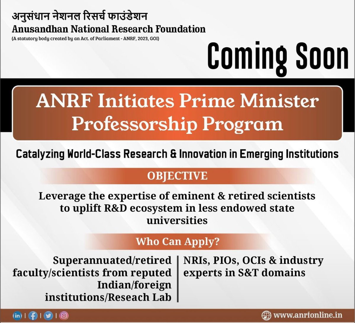 Sanjeev Varshney (@skvdst) on Twitter photo Have you completed your natural inning as a faculty in an academic institution or as a scientist in scientific institutions in India and abroad and still willing to contribute for new research?
Wait for a new scheme PM Professorship from <a href="/ANRFIndia/">Anusandhan National Research Foundation</a> . Details follow. Have you completed your natural inning as a faculty in an academic institution or as a scientist in scientific institutions in India and abroad and still willing to contribute for new research?
Wait for a new scheme PM Professorship from <a href="/ANRFIndia/">Anusandhan National Research Foundation</a> . Details follow.