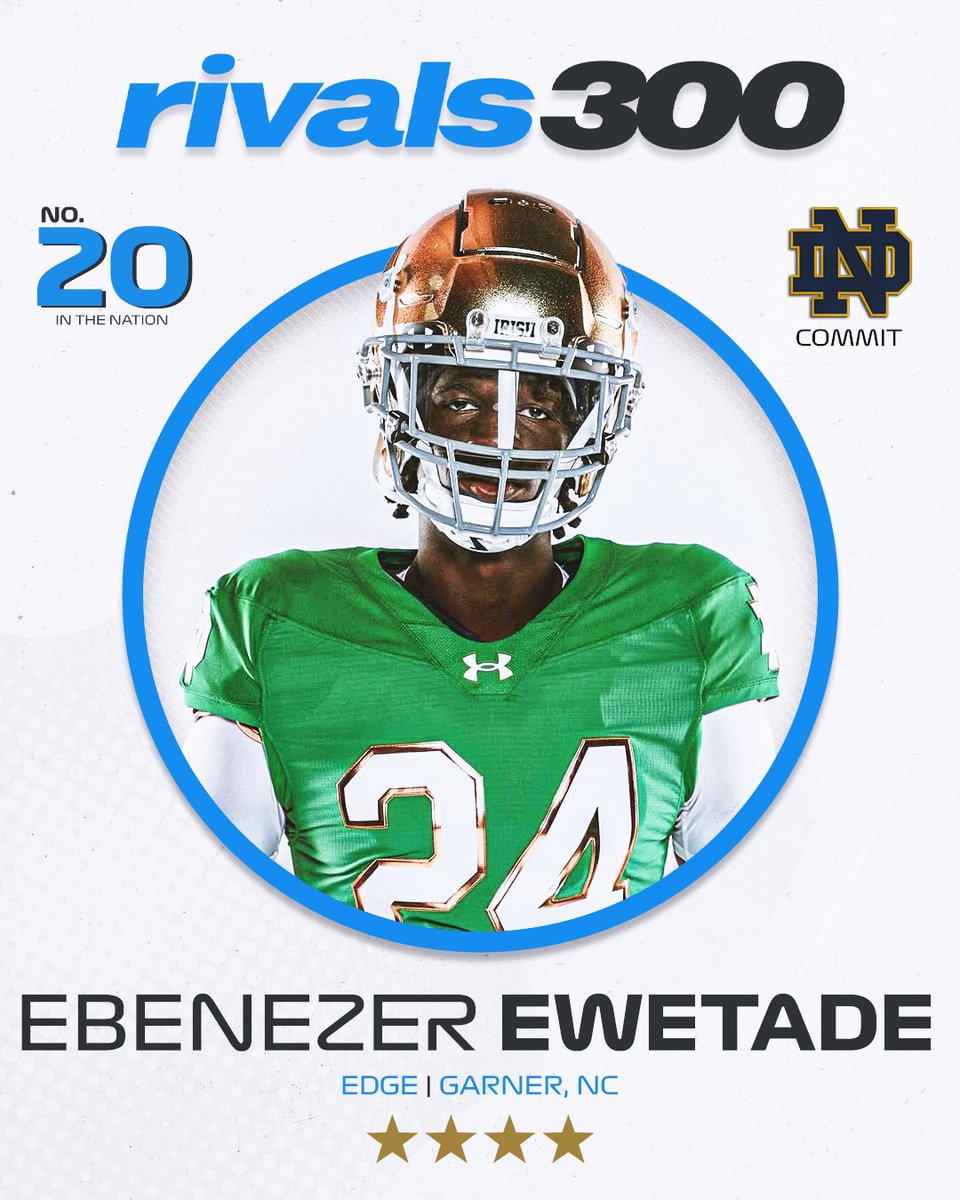 🚨NEW🚨 Notre Dame EDGE commit Ebenezer Ewetade ranks No. 20 and 4-stars in the initial 2026 Rivals300☘️

on3.com/rivals/news/co…