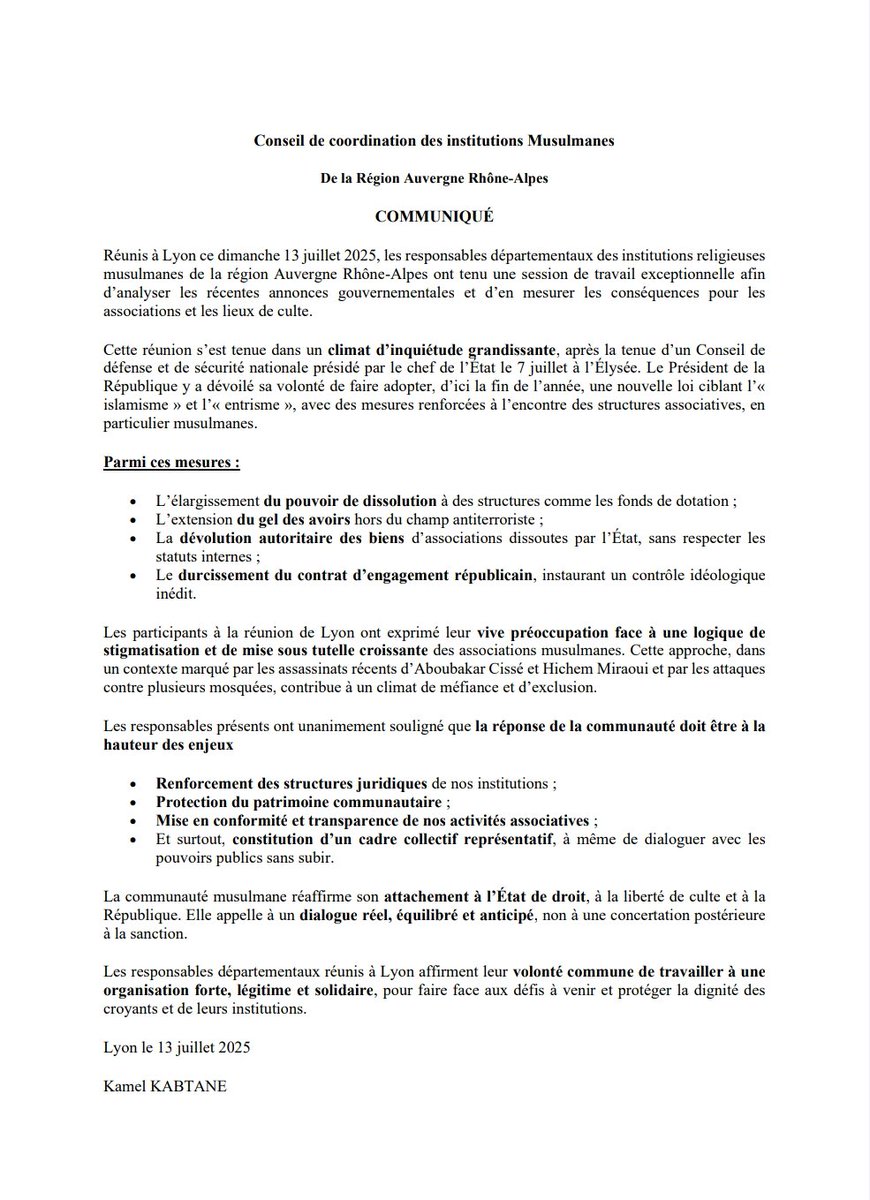 Musulmans de France - MF exprime son soutien à l’initiative du Conseil de coordination des institutions musulmanes de la région Auvergne-Rhône-Alpes.
Dans un contexte de pression croissante sur les associations musulmanes, cette démarche collective va dans le sens d’une