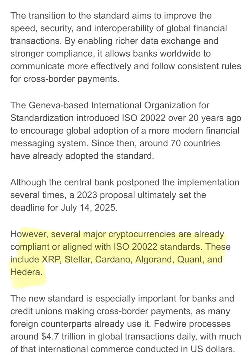 🧵 ISO 20022 Goes LIVE: A New Era for Finance – and Crypto 1/ 🚨 BREAKING  (July 14, 2025): The U.S. Federal Reserve has officially adopted ISO 20022  for FedWire – one