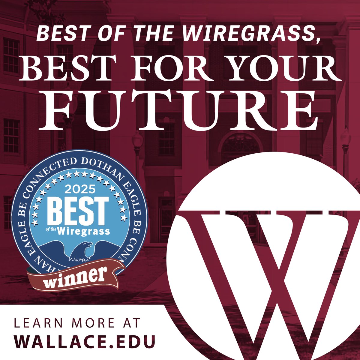 We’re honored to be named Best Community College in the Dothan Eagle’s Best of the Wiregrass for the 2nd year in a row! ✨

Thank you, Wiregrass, for your votes and continued support!

📚 Join us this fall! Classes begin Aug. 20. Register now at wallace.edu!